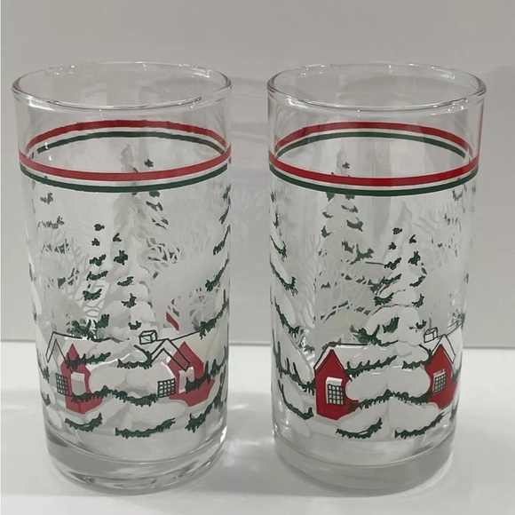 Source Unknown Other - Set Of 2 Vintage Drinking Christmas Glasses Tumblers Cabin Snow Trees Holiday